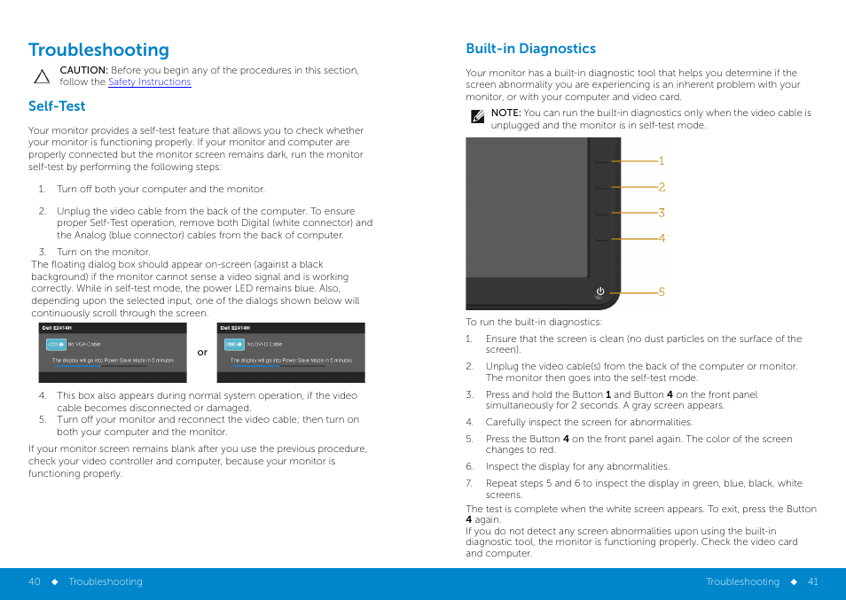 Troubleshooting, Self-test, Built-in diagnostics | Common problems, Self-test built-in diagnostics common problems | Dell E2414H Monitor User Manual | Page 21 / 34