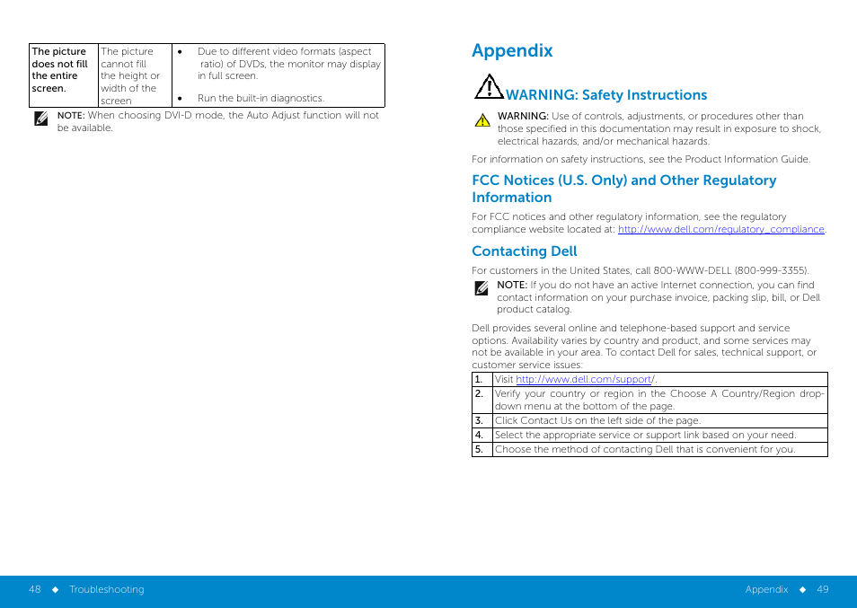 Appendix, Warning: safety instructions, Contacting dell | Ollow the, Safety instructions | Dell E2414H Monitor User Manual | Page 25 / 34