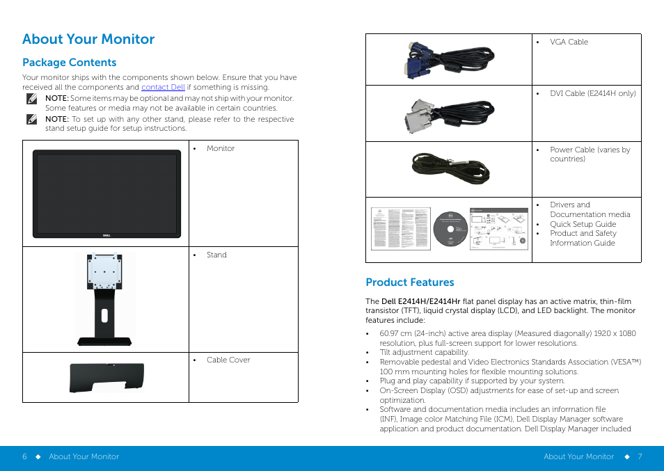 About your monitor, Package contents, Product features | Package contents product features | Dell E2414H Monitor User Manual | Page 4 / 34