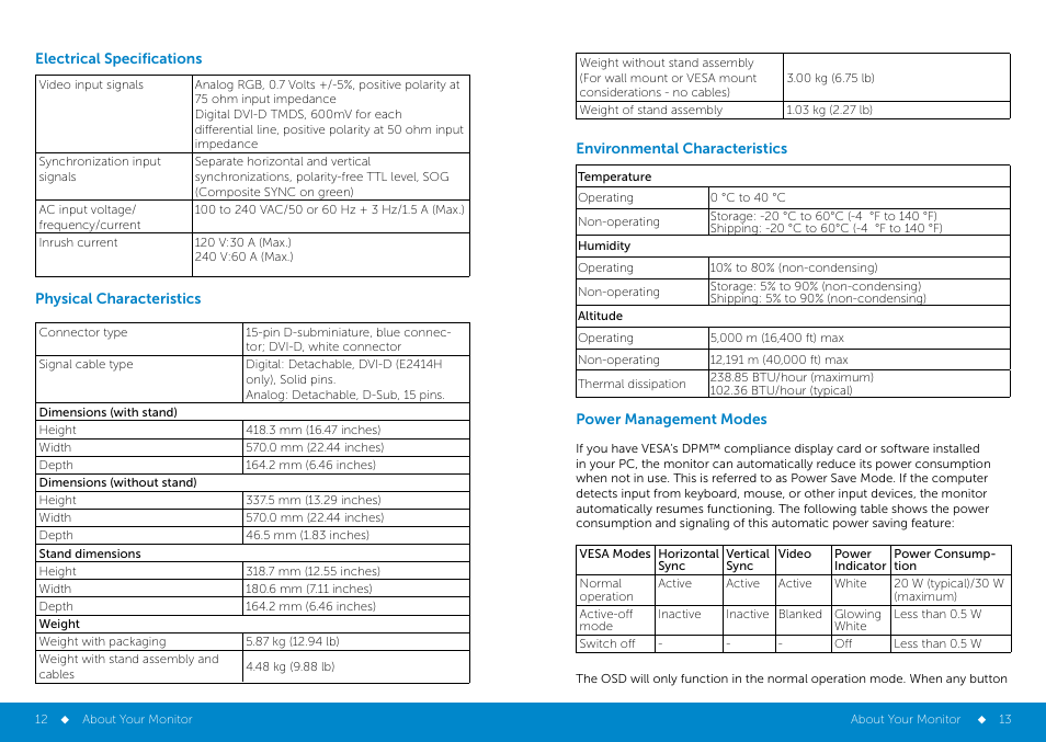 Electrical specifications, Physical characteristics, Environmental characteristics | Dell E2414H Monitor User Manual | Page 7 / 34