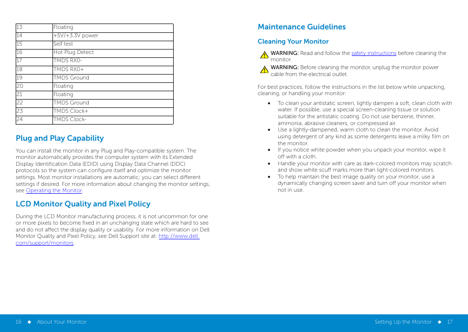 Plug and play capability, Lcd monitor quality and pixel policy, Maintenance guidelines | Cleaning your monitor | Dell E2414H Monitor User Manual | Page 9 / 34