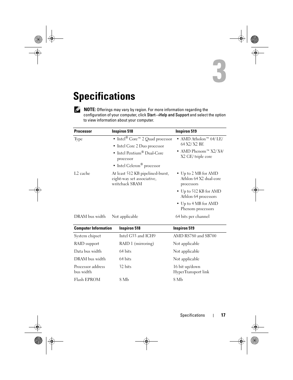 Specifications | Dell Inspiron 519 (Mid 2008) User Manual | Page 17 / 64