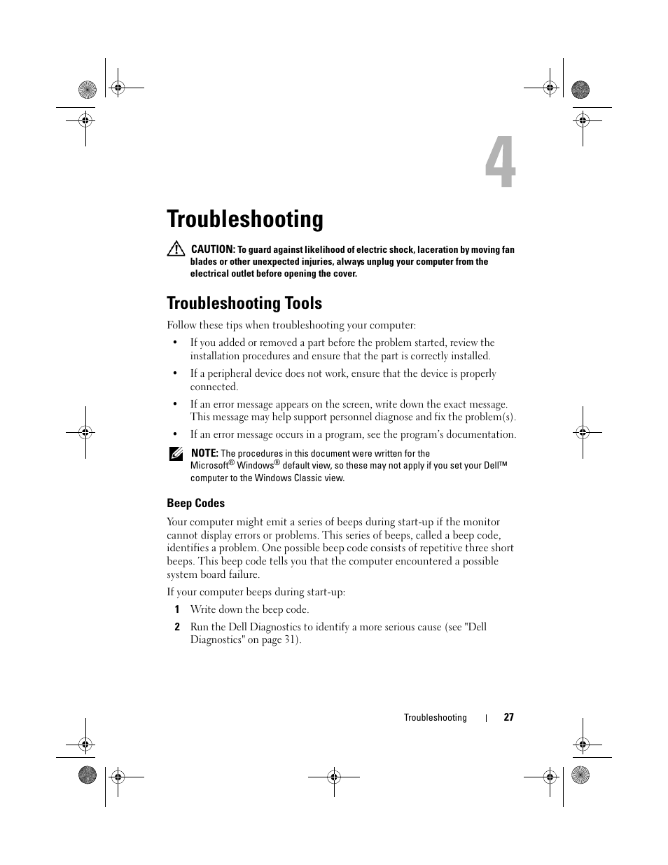 Troubleshooting, Troubleshooting tools, Beep codes | Dell Inspiron 519 (Mid 2008) User Manual | Page 27 / 64