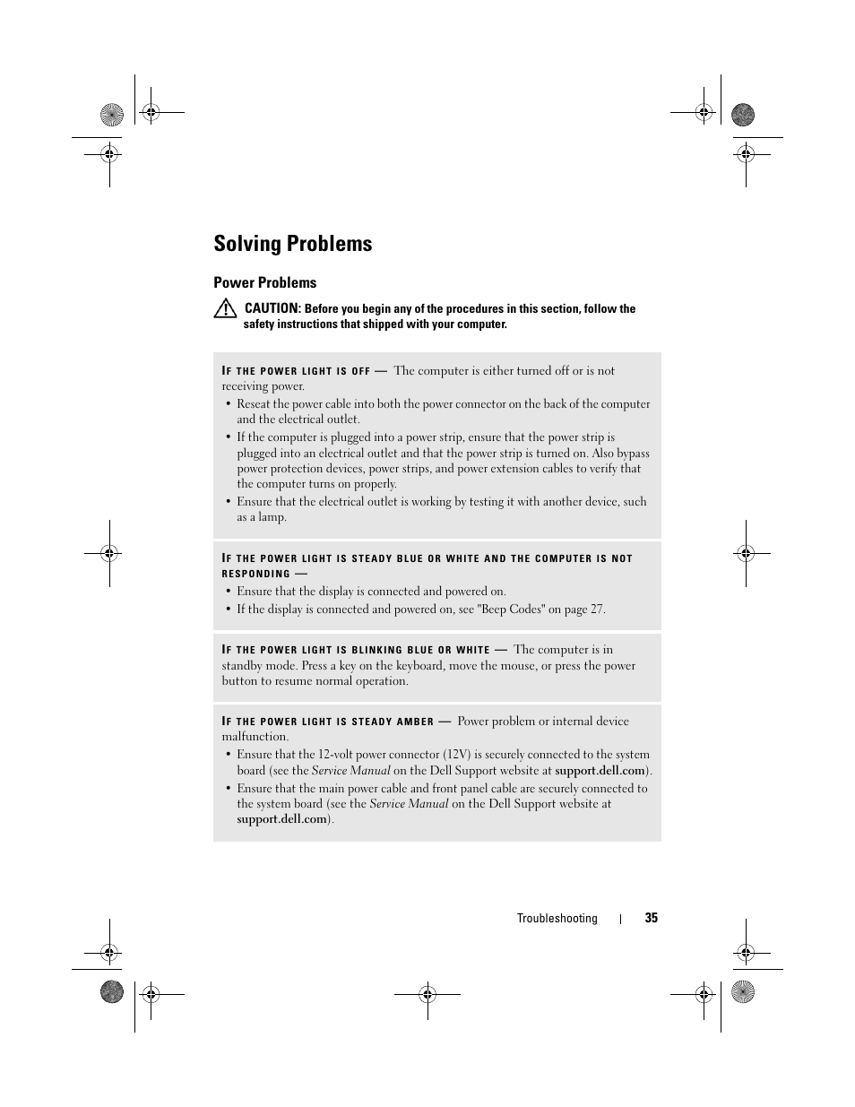 Solving problems, Power problems | Dell Inspiron 519 (Mid 2008) User Manual | Page 35 / 64