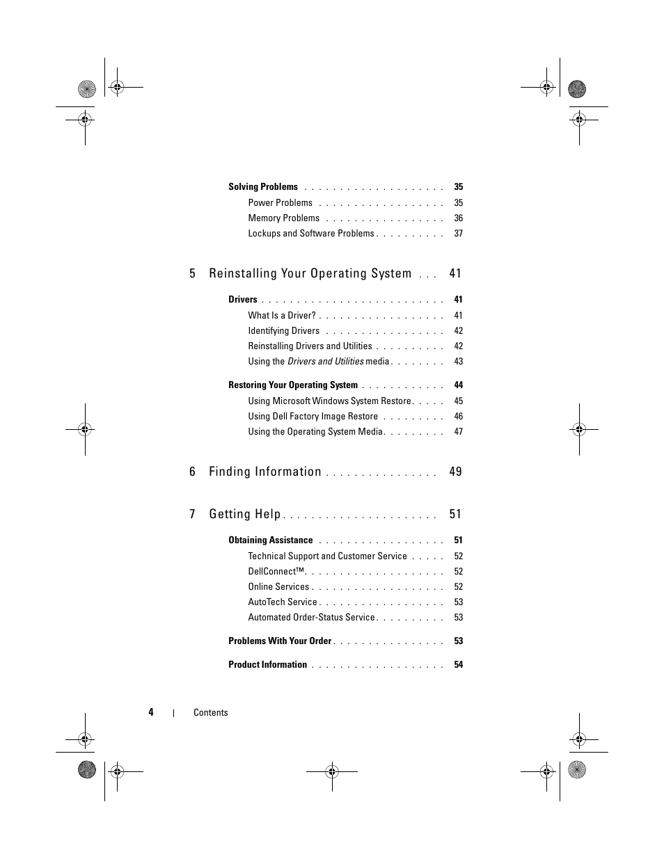 5reinstalling your operating system, 6finding information, 49 7 getting help | Dell Inspiron 519 (Mid 2008) User Manual | Page 4 / 64
