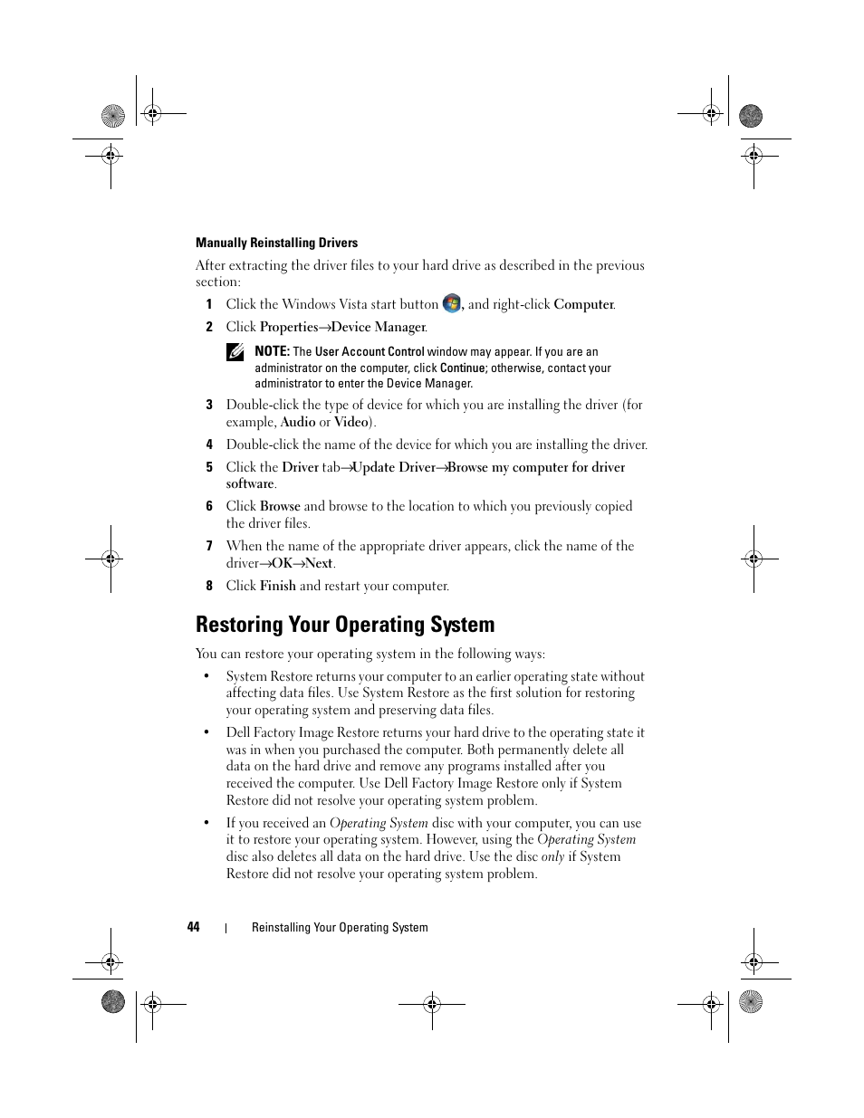 Restoring your operating system | Dell Inspiron 519 (Mid 2008) User Manual | Page 44 / 64