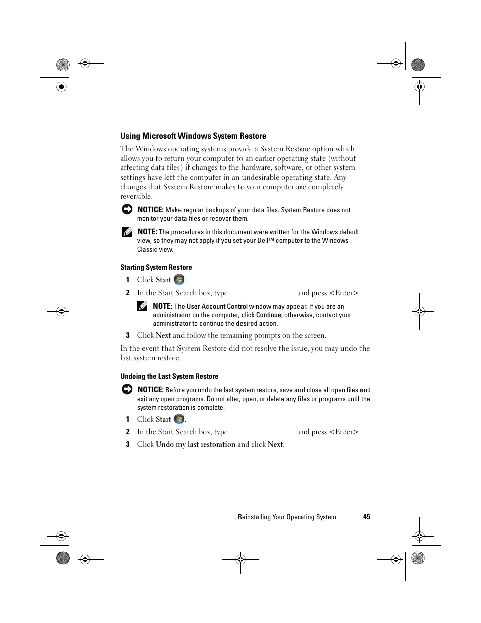 Using microsoft windows system restore, Using microsoft | Dell Inspiron 519 (Mid 2008) User Manual | Page 45 / 64