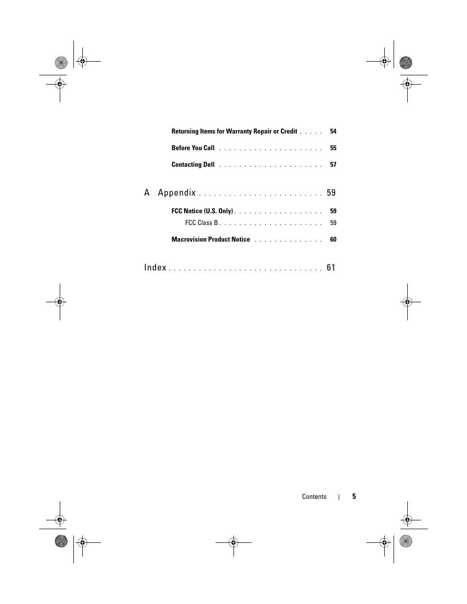 A appendix, Index | Dell Inspiron 519 (Mid 2008) User Manual | Page 5 / 64