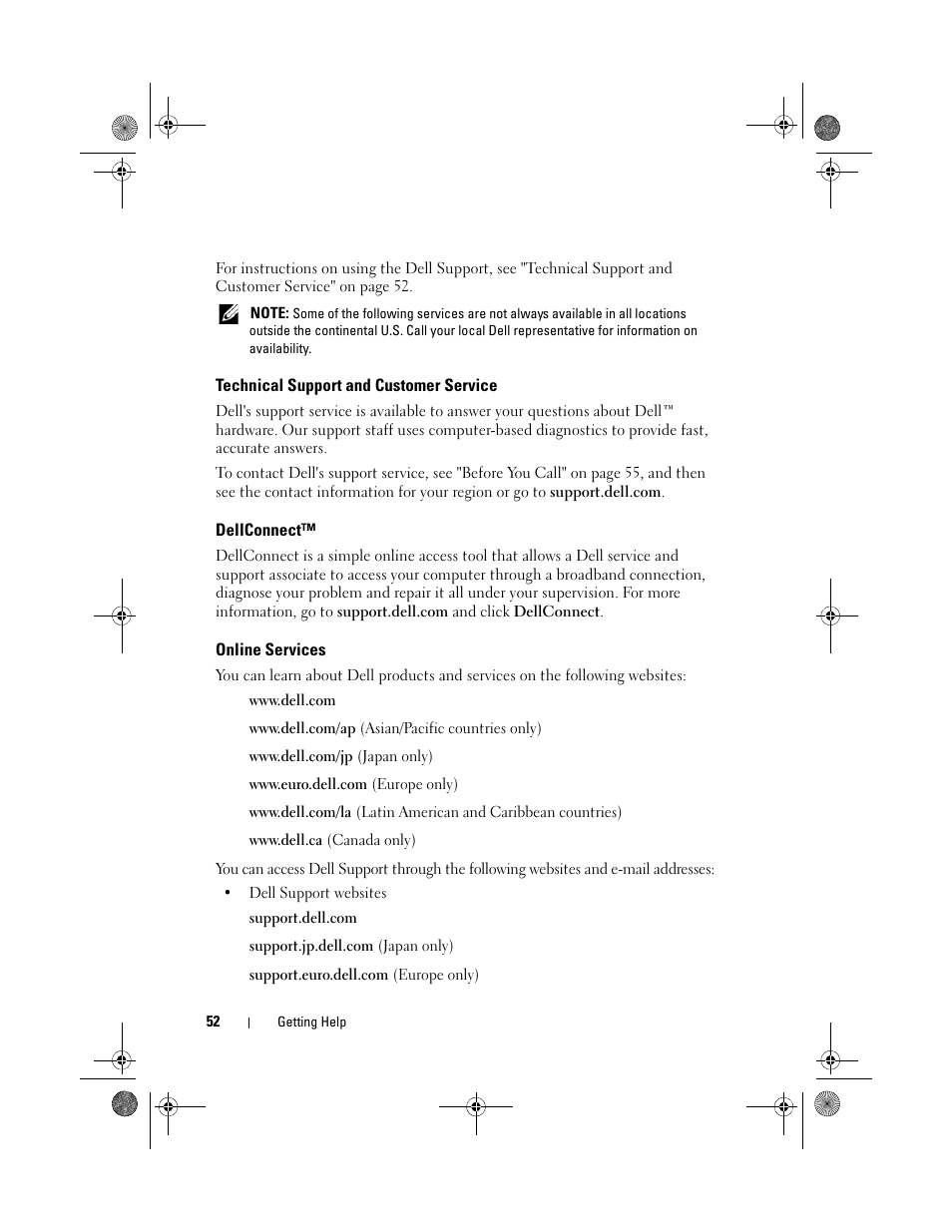 Technical support and customer service, Dellconnect, Online services | Dell Inspiron 519 (Mid 2008) User Manual | Page 52 / 64