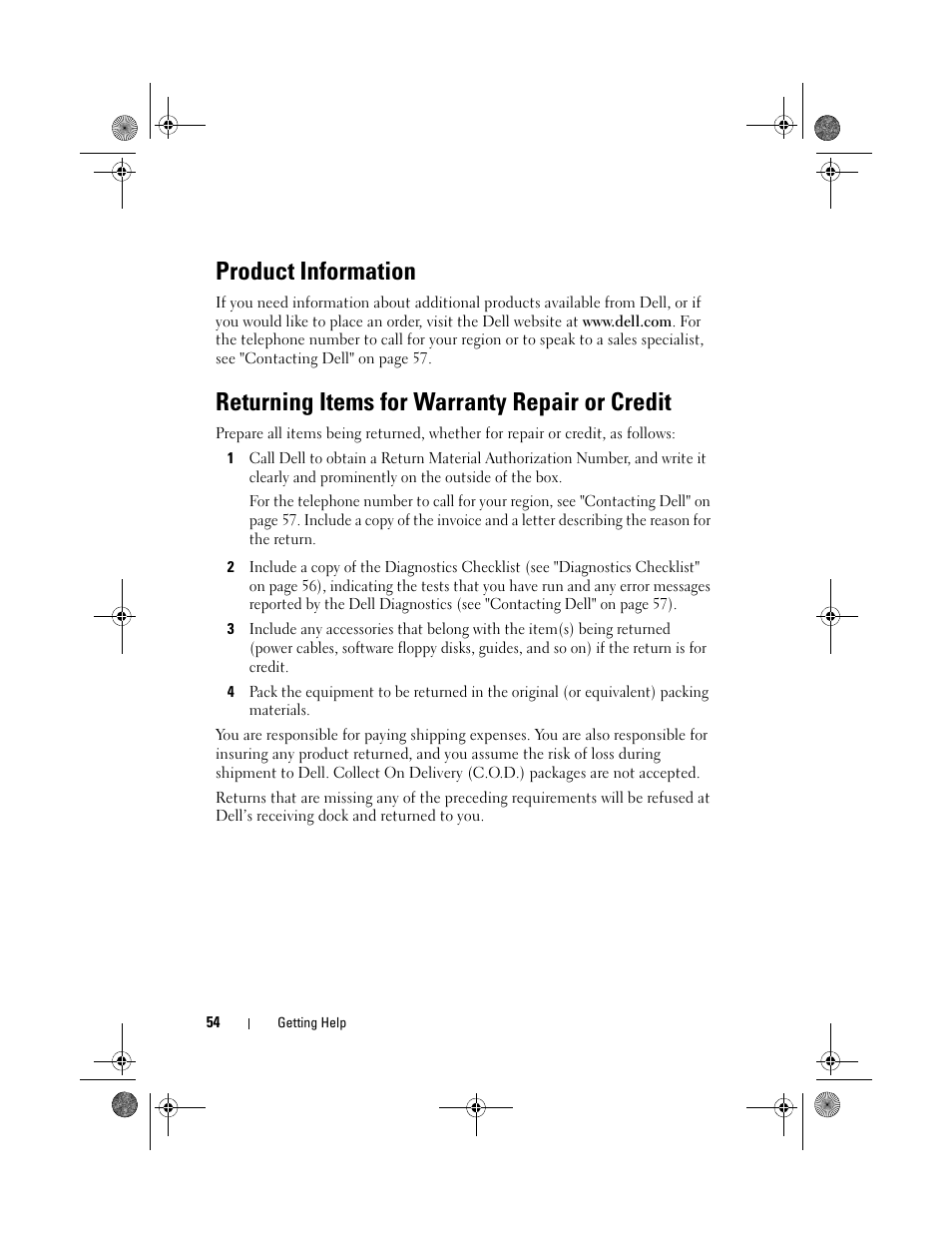 Product information, Returning items for warranty repair or credit | Dell Inspiron 519 (Mid 2008) User Manual | Page 54 / 64