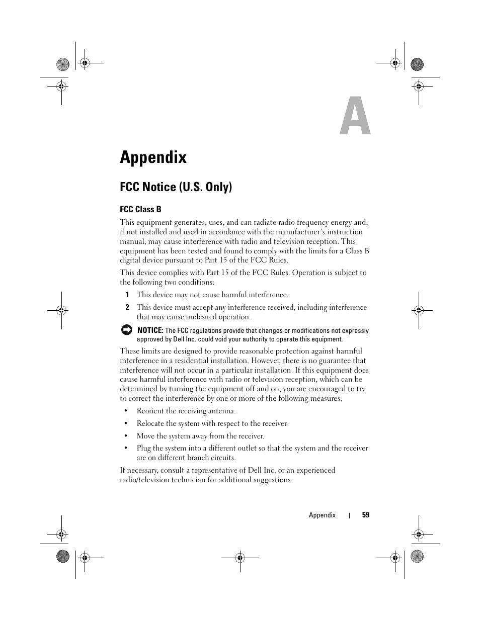 Appendix, Fcc notice (u.s. only), Fcc class b | Dell Inspiron 519 (Mid 2008) User Manual | Page 59 / 64