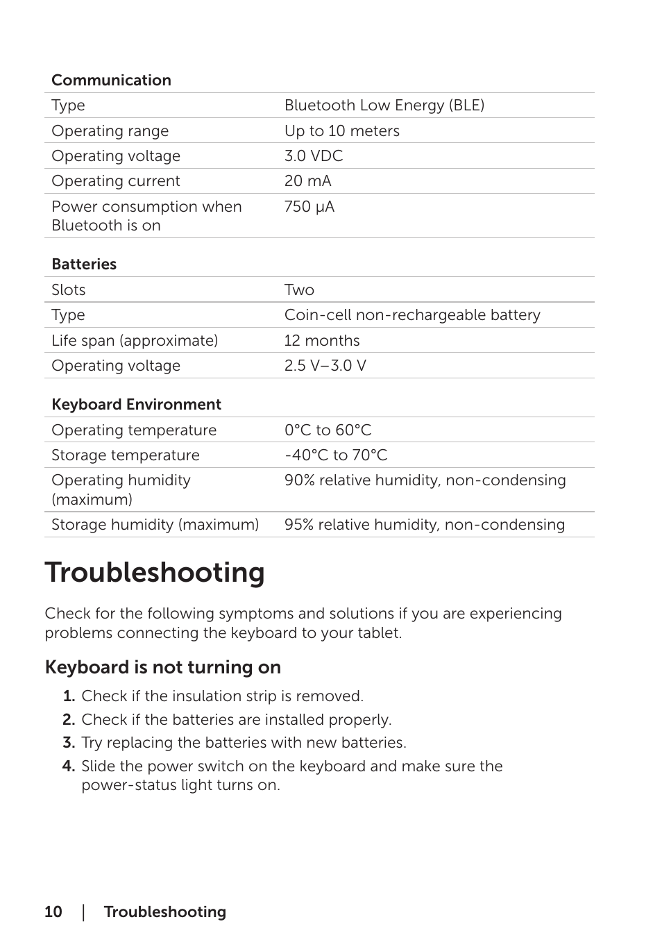 Troubleshooting, Keyboard is not turning on | Dell Bluetooth Keyboard Folio WK415 User Manual | Page 10 / 11