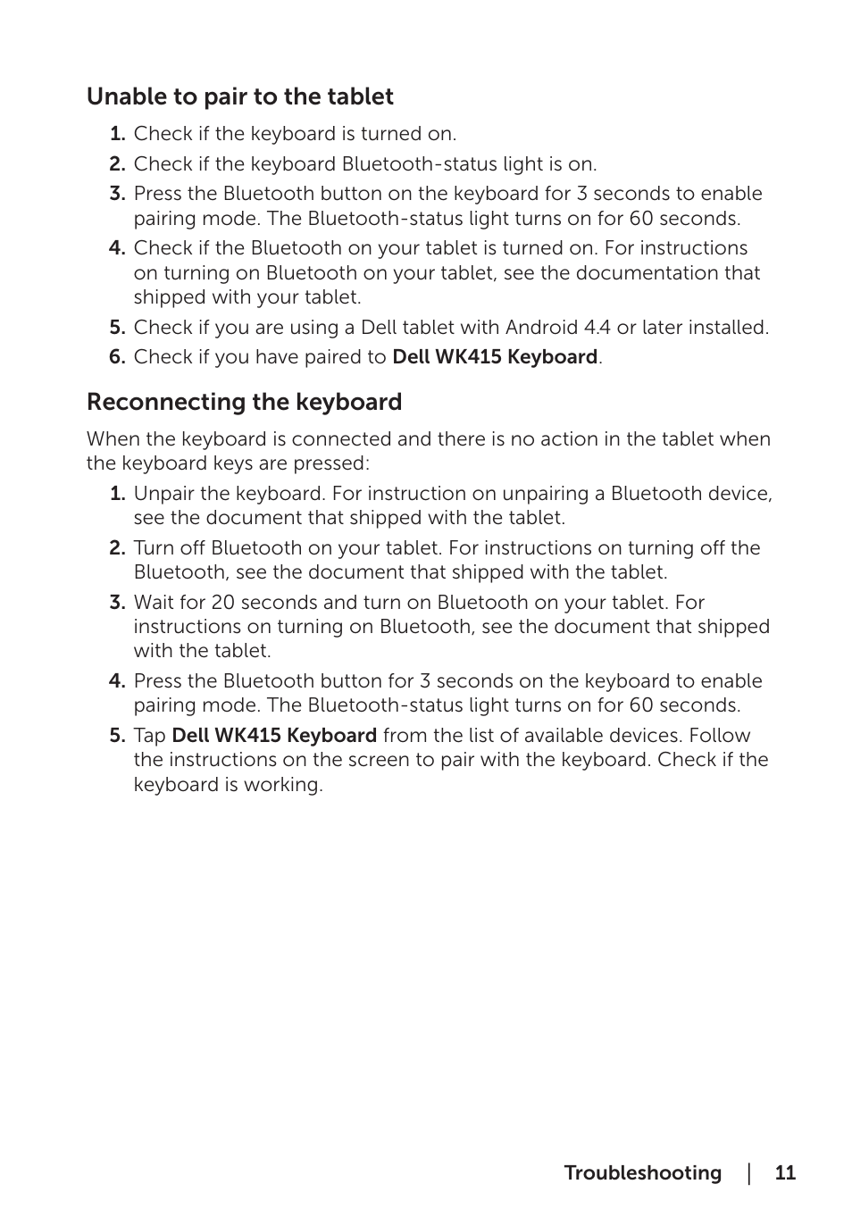 Unable to pair to the tablet, Reconnecting the keyboard | Dell Bluetooth Keyboard Folio WK415 User Manual | Page 11 / 11