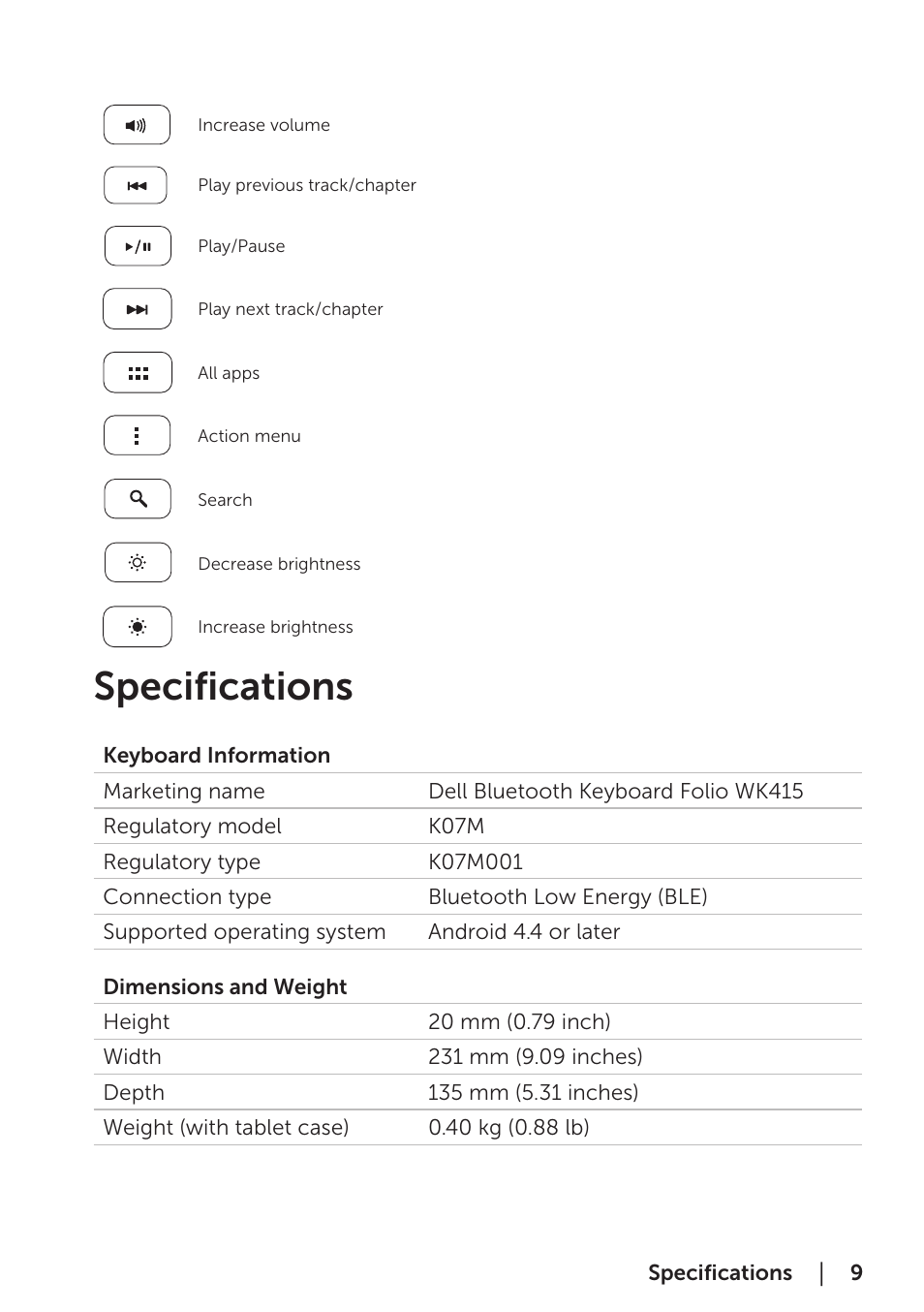 Specifications | Dell Bluetooth Keyboard Folio WK415 User Manual | Page 9 / 11