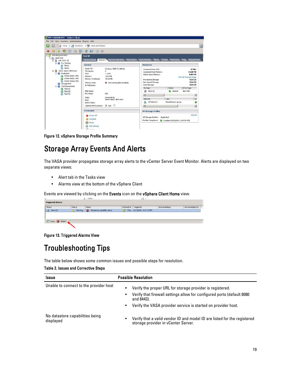 Storage array events and alerts, Troubleshooting tips | Dell PowerVault MD3800f User Manual | Page 19 / 21
