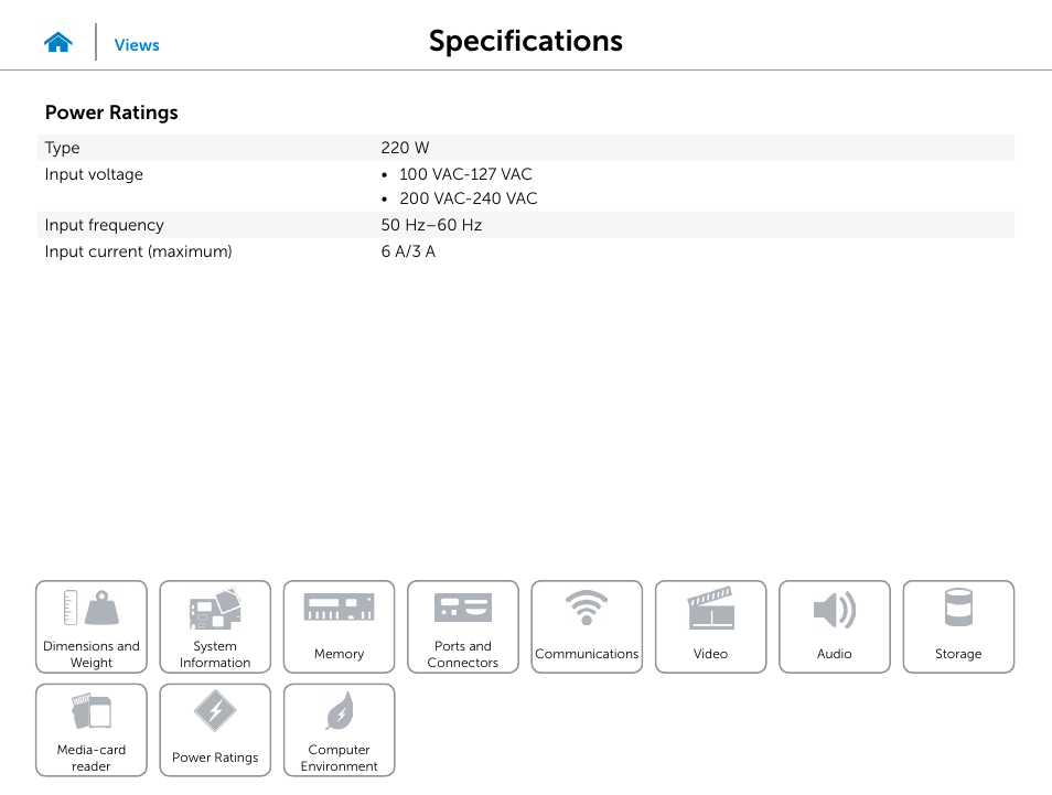 Power ratings, Specifications | Dell Inspiron Small Desktop (3647, Late 2013) User Manual | Page 14 / 15