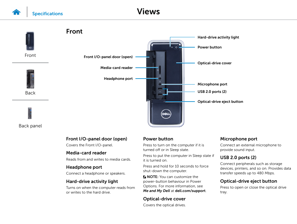 Views, Front | Dell Inspiron Small Desktop (3647, Late 2013) User Manual | Page 2 / 15