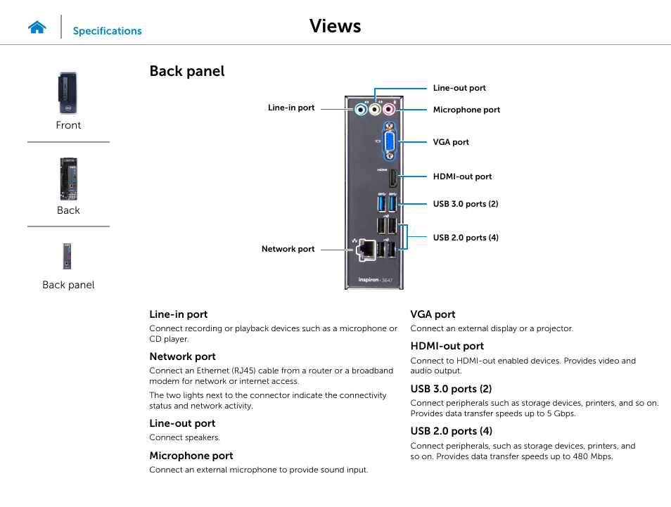 Back panel, Views | Dell Inspiron Small Desktop (3647, Late 2013) User Manual | Page 4 / 15