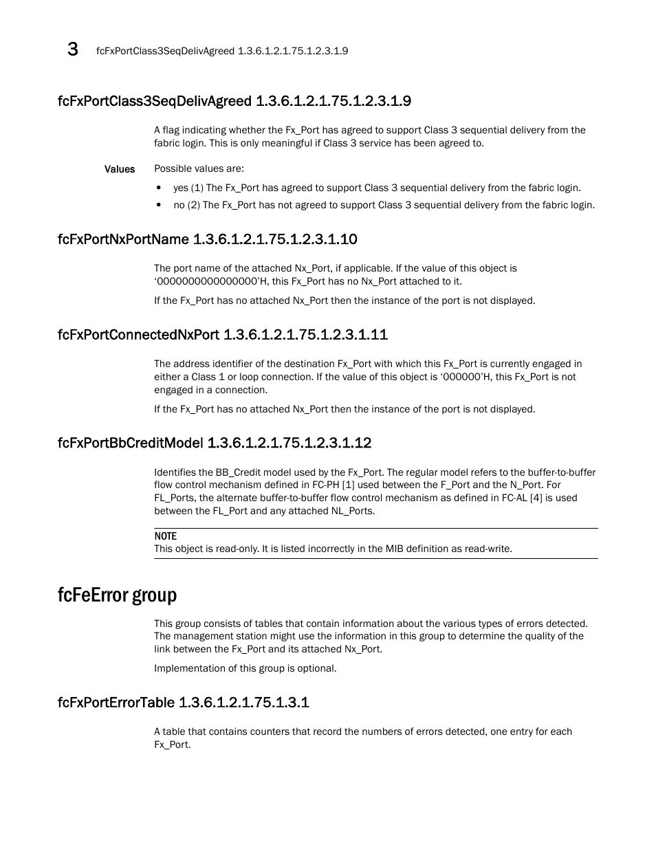 Fcfeerror group, Fcfxportnxportname 1.3.6.1.2.1.75.1.2.3.1.10, Fcfxportconnectednxport 1.3.6.1.2.1.75.1.2.3.1.11 | Fcfxportbbcreditmodel 1.3.6.1.2.1.75.1.2.3.1.12, Fcfxporterrortable 1.3.6.1.2.1.75.1.3.1 | Dell POWEREDGE M1000E User Manual | Page 106 / 382