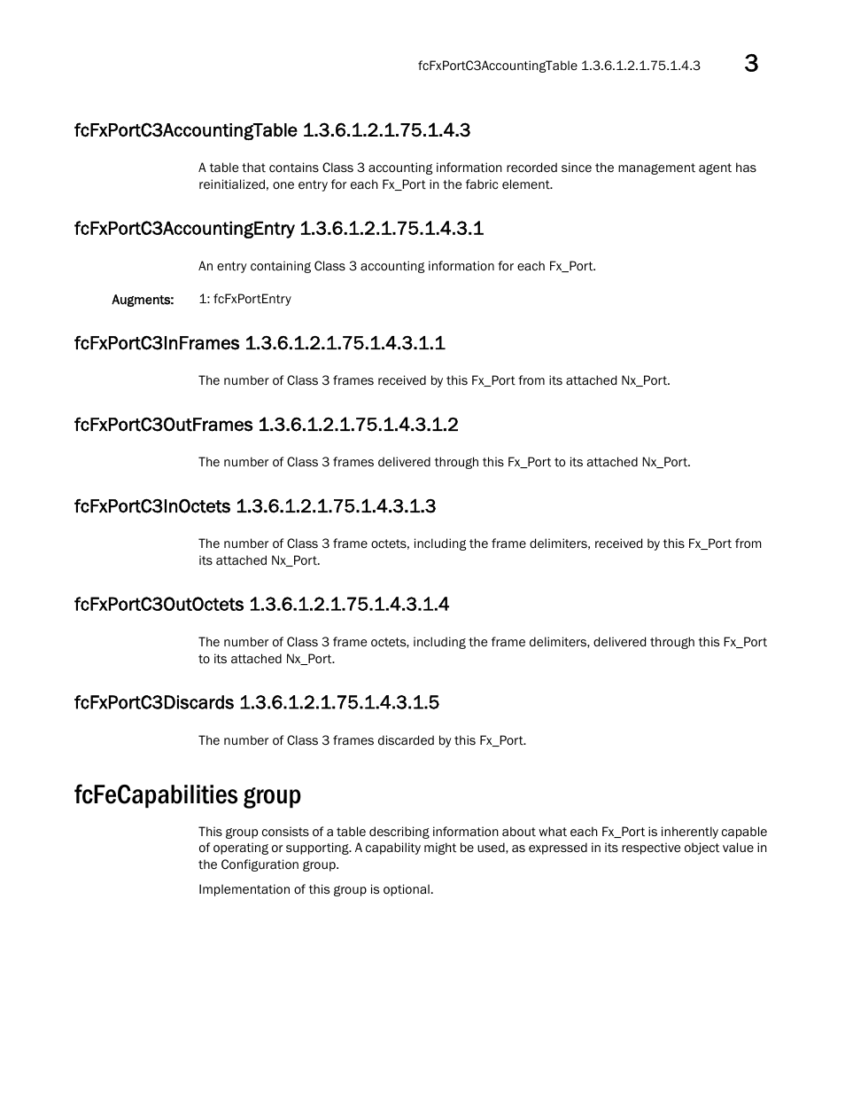 Fcfecapabilities group, Fcfxportc3accountingtable 1.3.6.1.2.1.75.1.4.3, Fcfxportc3accountingentry 1.3.6.1.2.1.75.1.4.3.1 | Fcfxportc3inframes 1.3.6.1.2.1.75.1.4.3.1.1, Fcfxportc3outframes 1.3.6.1.2.1.75.1.4.3.1.2, Fcfxportc3inoctets 1.3.6.1.2.1.75.1.4.3.1.3, Fcfxportc3outoctets 1.3.6.1.2.1.75.1.4.3.1.4, Fcfxportc3discards 1.3.6.1.2.1.75.1.4.3.1.5 | Dell POWEREDGE M1000E User Manual | Page 111 / 382