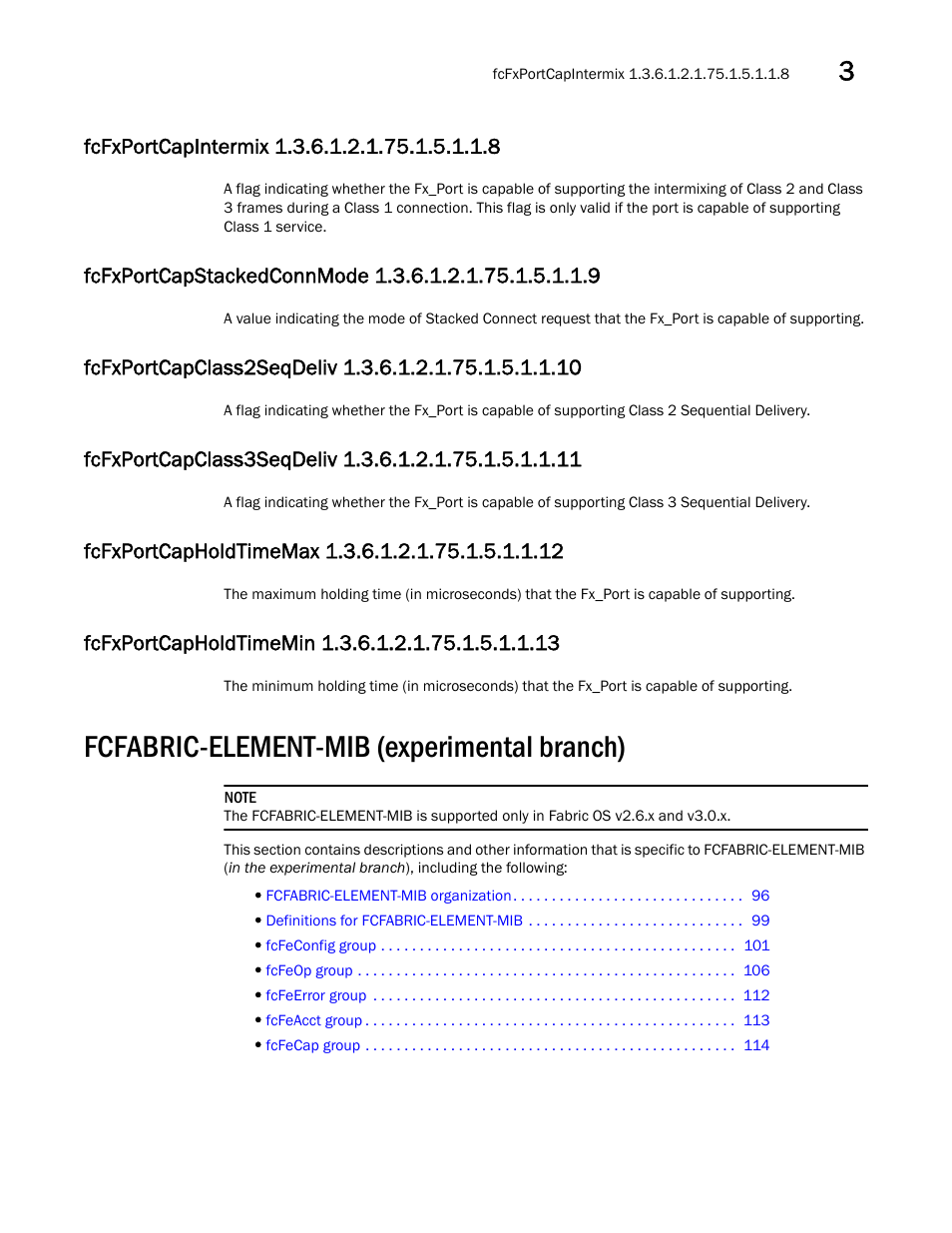 Fcfabric-element-mib (experimental branch), Fcfxportcapintermix 1.3.6.1.2.1.75.1.5.1.1.8, Fcfxportcapholdtimemax 1.3.6.1.2.1.75.1.5.1.1.12 | Fcfxportcapholdtimemin 1.3.6.1.2.1.75.1.5.1.1.13 | Dell POWEREDGE M1000E User Manual | Page 113 / 382