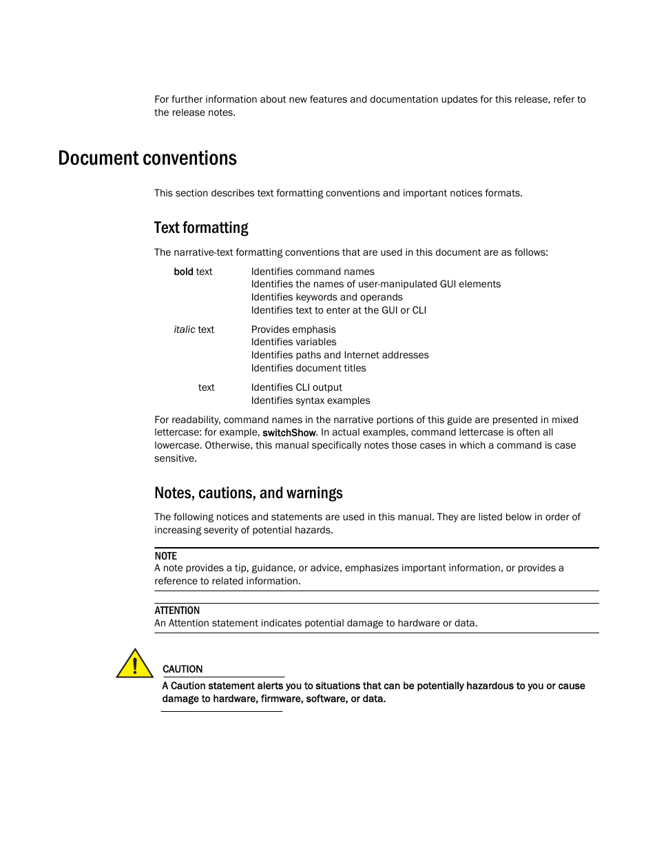 Document conventions, Text formatting, Notes, cautions, and warnings | Dell POWEREDGE M1000E User Manual | Page 14 / 382