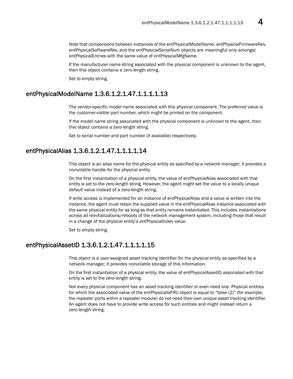 Entphysicalmodelname 1.3.6.1.2.1.47.1.1.1.1.13, Entphysicalalias 1.3.6.1.2.1.47.1.1.1.1.14, Entphysicalassetid 1.3.6.1.2.1.47.1.1.1.1.15 | Dell POWEREDGE M1000E User Manual | Page 147 / 382