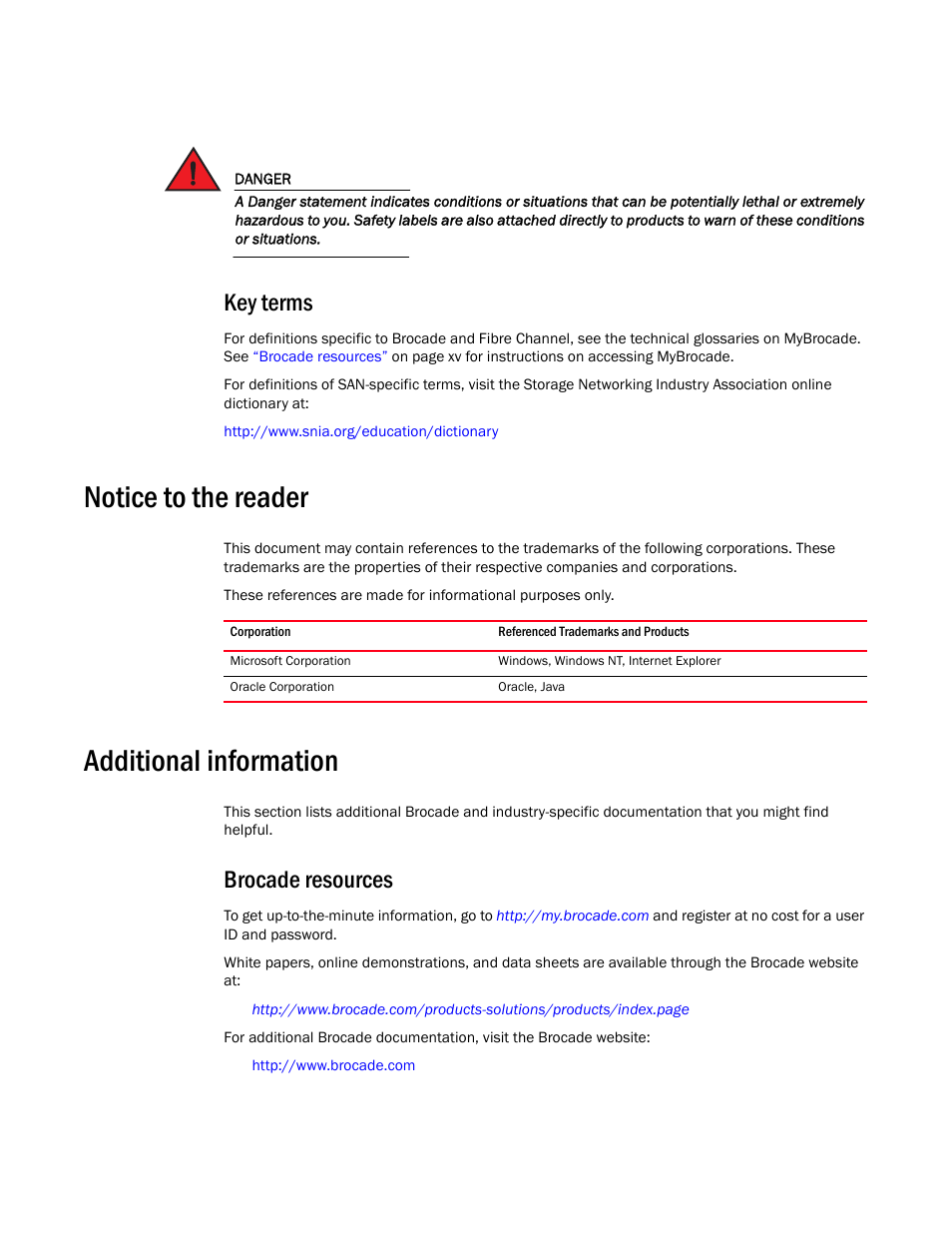 Key terms, Notice to the reader, Additional information | Brocade resources | Dell POWEREDGE M1000E User Manual | Page 15 / 382