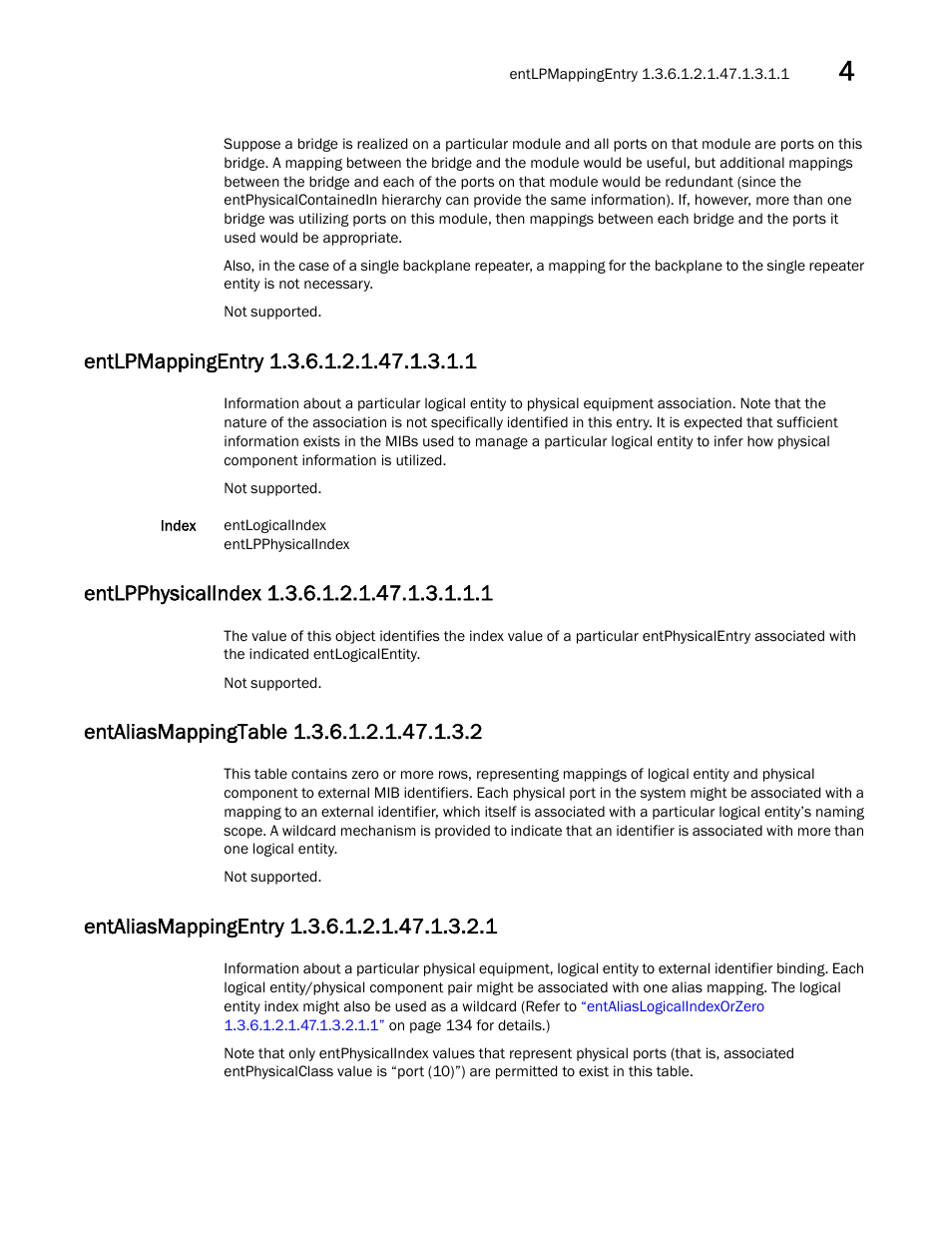 Entlpmappingentry 1.3.6.1.2.1.47.1.3.1.1, Entlpphysicalindex 1.3.6.1.2.1.47.1.3.1.1.1, Entaliasmappingtable 1.3.6.1.2.1.47.1.3.2 | Entaliasmappingentry 1.3.6.1.2.1.47.1.3.2.1 | Dell POWEREDGE M1000E User Manual | Page 151 / 382