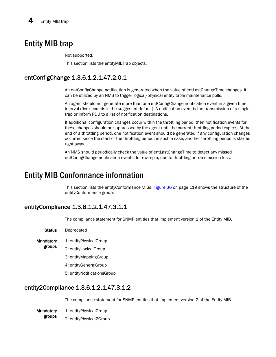 Entity mib trap, Entity mib conformance information, Entconfigchange 1.3.6.1.2.1.47.2.0.1 | Entitycompliance 1.3.6.1.2.1.47.3.1.1, Entity2compliance 1.3.6.1.2.1.47.3.1.2 | Dell POWEREDGE M1000E User Manual | Page 154 / 382