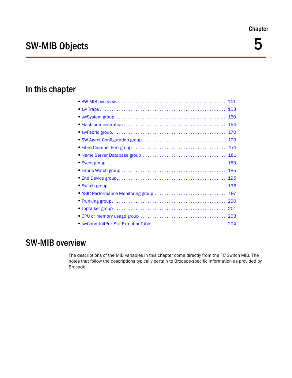 Sw-mib objects, In this chapter, Sw-mib overview | Chapter 5, Chapter 5, “sw-mib objects | Dell POWEREDGE M1000E User Manual | Page 159 / 382