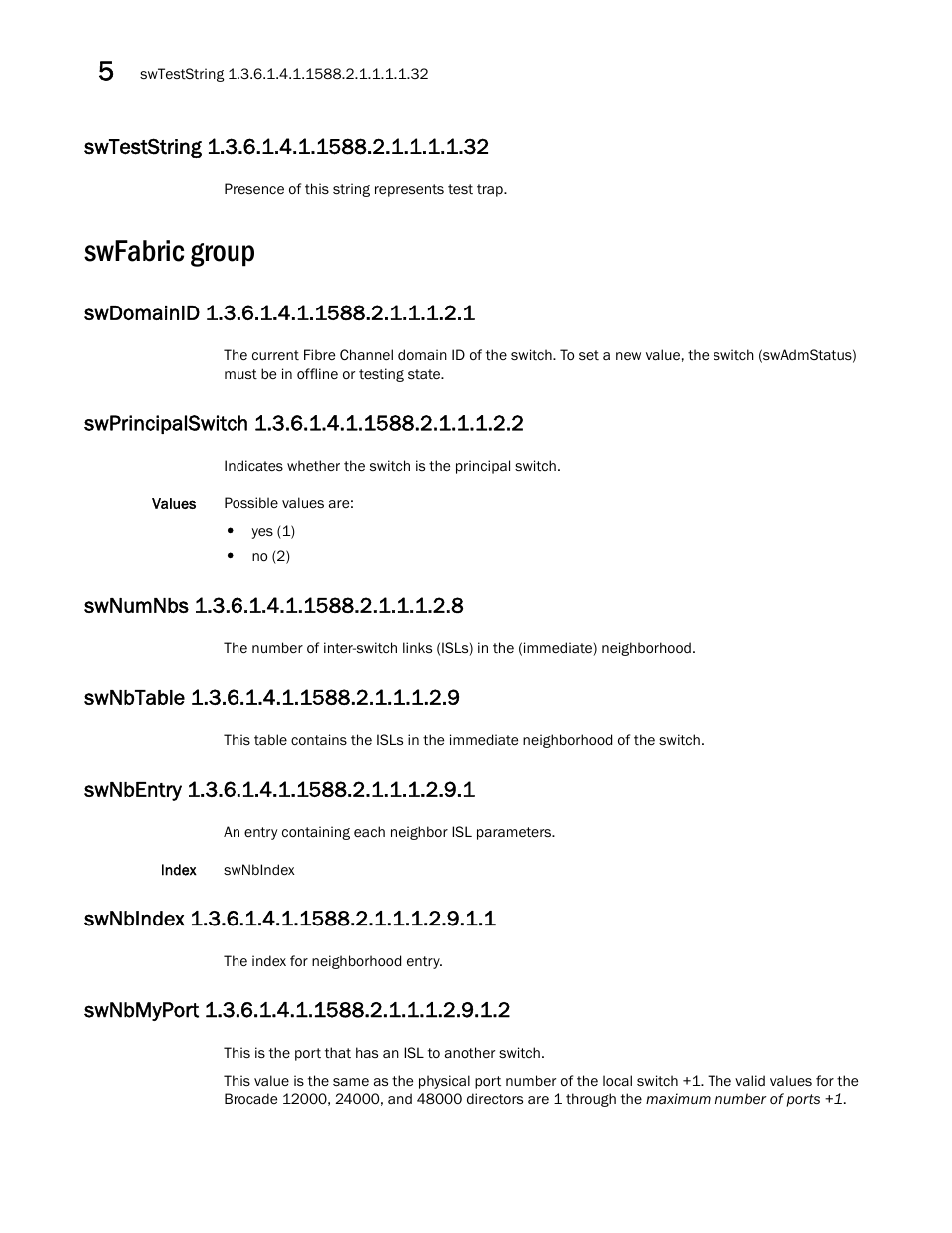 Swfabric group, Swteststring 1.3.6.1.4.1.1588.2.1.1.1.1.32, Swdomainid 1.3.6.1.4.1.1588.2.1.1.1.2.1 | Swprincipalswitch 1.3.6.1.4.1.1588.2.1.1.1.2.2, Swnumnbs 1.3.6.1.4.1.1588.2.1.1.1.2.8, Swnbtable 1.3.6.1.4.1.1588.2.1.1.1.2.9, Swnbentry 1.3.6.1.4.1.1588.2.1.1.1.2.9.1, Swnbindex 1.3.6.1.4.1.1588.2.1.1.1.2.9.1.1, Swnbmyport 1.3.6.1.4.1.1588.2.1.1.1.2.9.1.2 | Dell POWEREDGE M1000E User Manual | Page 188 / 382