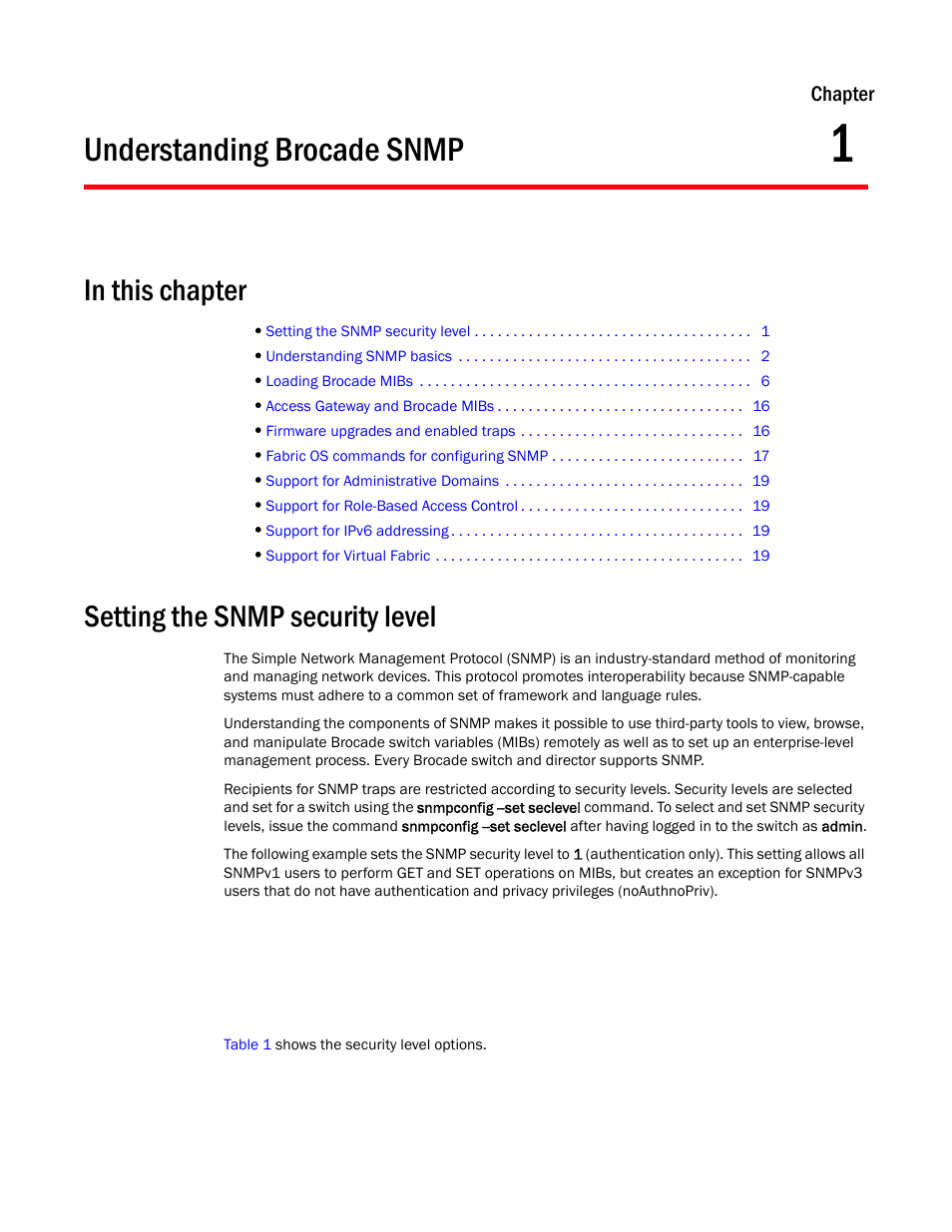 Understanding brocade snmp, In this chapter, Setting the snmp security level | Chapter 1, Chapter 1, “understanding brocade snmp | Dell POWEREDGE M1000E User Manual | Page 19 / 382