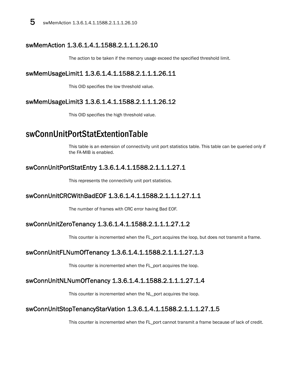 Swconnunitportstatextentiontable, Swmemaction 1.3.6.1.4.1.1588.2.1.1.1.26.10, Swmemusagelimit1 1.3.6.1.4.1.1588.2.1.1.1.26.11 | Swmemusagelimit3 1.3.6.1.4.1.1588.2.1.1.1.26.12 | Dell POWEREDGE M1000E User Manual | Page 222 / 382