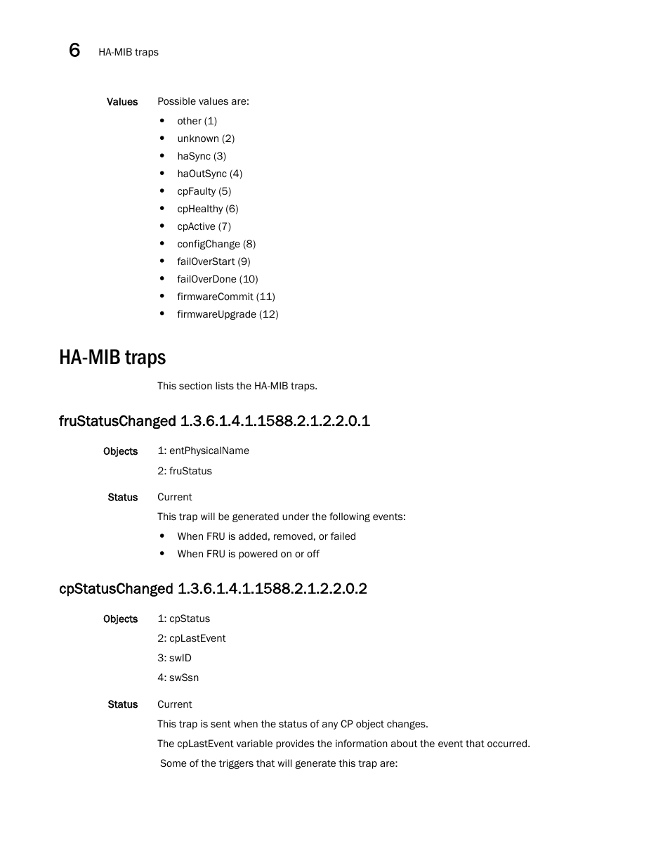 Ha-mib traps, Frustatuschanged 1.3.6.1.4.1.1588.2.1.2.2.0.1, Cpstatuschanged 1.3.6.1.4.1.1588.2.1.2.2.0.2 | Dell POWEREDGE M1000E User Manual | Page 232 / 382