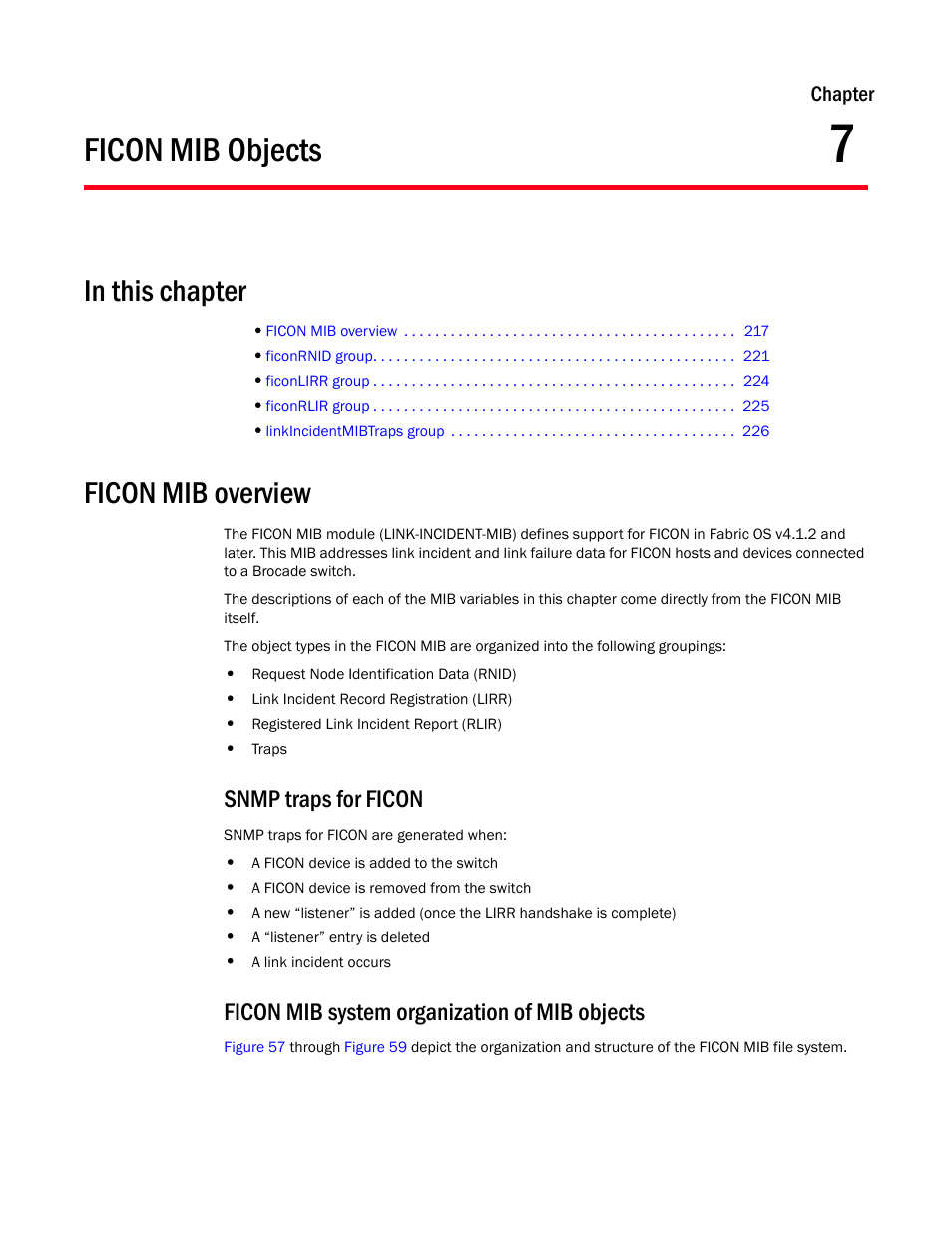 Ficon mib objects, In this chapter, Ficon mib overview | Snmp traps for ficon, Ficon mib system organization of mib objects, Chapter 7, Chapter 7, “ficon mib objects | Dell POWEREDGE M1000E User Manual | Page 235 / 382