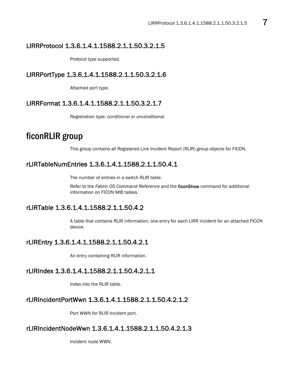 Ficonrlir group, Lirrprotocol 1.3.6.1.4.1.1588.2.1.1.50.3.2.1.5, Lirrporttype 1.3.6.1.4.1.1588.2.1.1.50.3.2.1.6 | Lirrformat 1.3.6.1.4.1.1588.2.1.1.50.3.2.1.7, Rlirtablenumentries 1.3.6.1.4.1.1588.2.1.1.50.4.1, Rlirtable 1.3.6.1.4.1.1588.2.1.1.50.4.2, Rlirentry 1.3.6.1.4.1.1588.2.1.1.50.4.2.1, Rlirindex 1.3.6.1.4.1.1588.2.1.1.50.4.2.1.1 | Dell POWEREDGE M1000E User Manual | Page 243 / 382