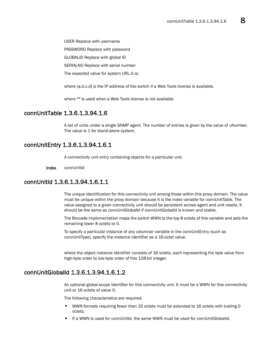 Connunittable 1.3.6.1.3.94.1.6, Connunitentry 1.3.6.1.3.94.1.6.1, Connunitid 1.3.6.1.3.94.1.6.1.1 | Connunitglobalid 1.3.6.1.3.94.1.6.1.2 | Dell POWEREDGE M1000E User Manual | Page 255 / 382