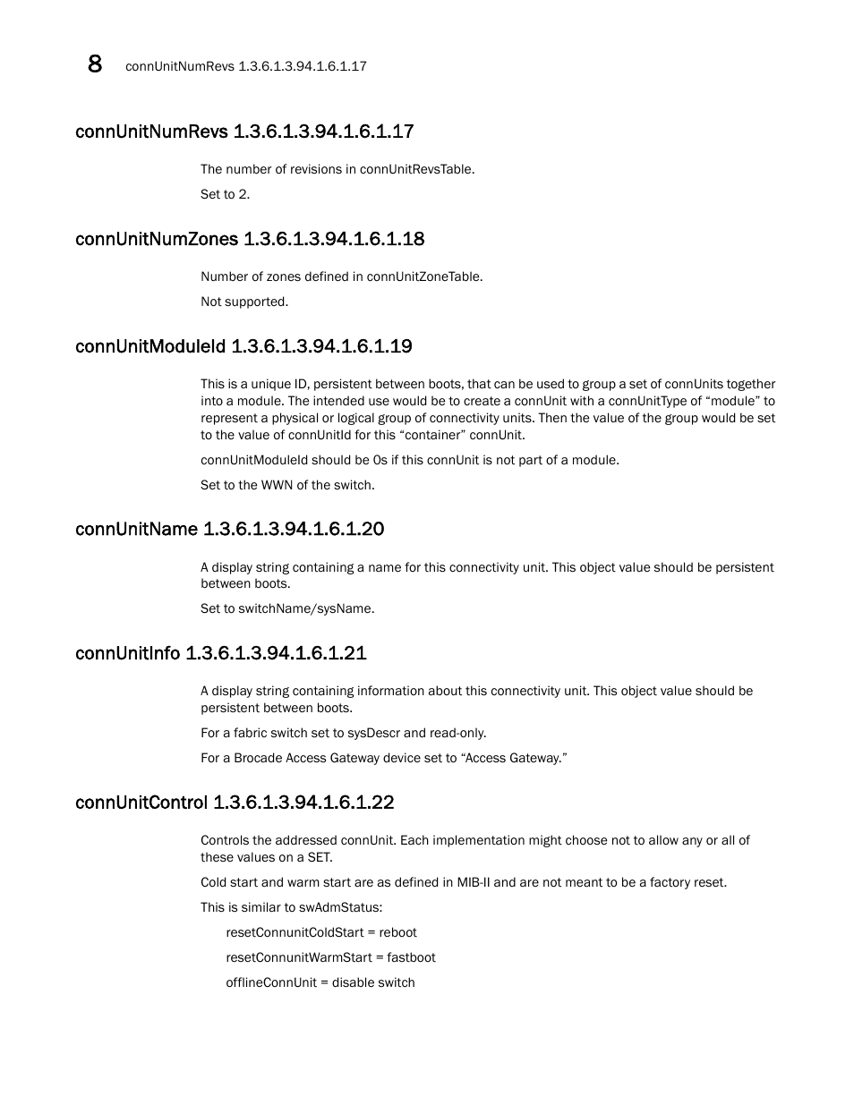 Connunitnumrevs 1.3.6.1.3.94.1.6.1.17, Connunitnumzones 1.3.6.1.3.94.1.6.1.18, Connunitmoduleid 1.3.6.1.3.94.1.6.1.19 | Connunitname 1.3.6.1.3.94.1.6.1.20, Connunitinfo 1.3.6.1.3.94.1.6.1.21, Connunitcontrol 1.3.6.1.3.94.1.6.1.22 | Dell POWEREDGE M1000E User Manual | Page 260 / 382