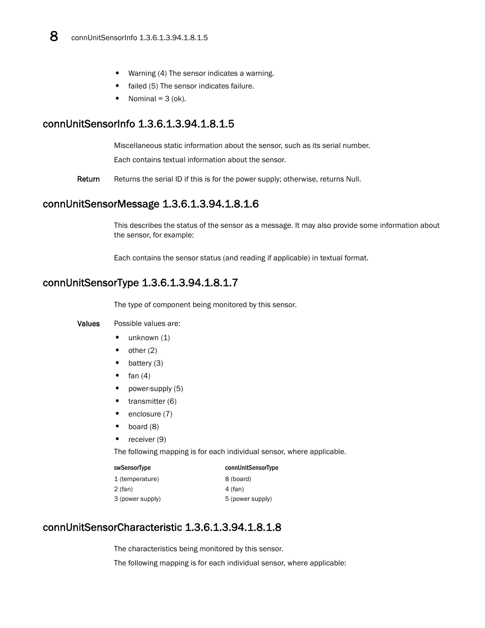 Connunitsensorinfo 1.3.6.1.3.94.1.8.1.5, Connunitsensormessage 1.3.6.1.3.94.1.8.1.6, Connunitsensortype 1.3.6.1.3.94.1.8.1.7 | Connunitsensorcharacteristic 1.3.6.1.3.94.1.8.1.8 | Dell POWEREDGE M1000E User Manual | Page 264 / 382