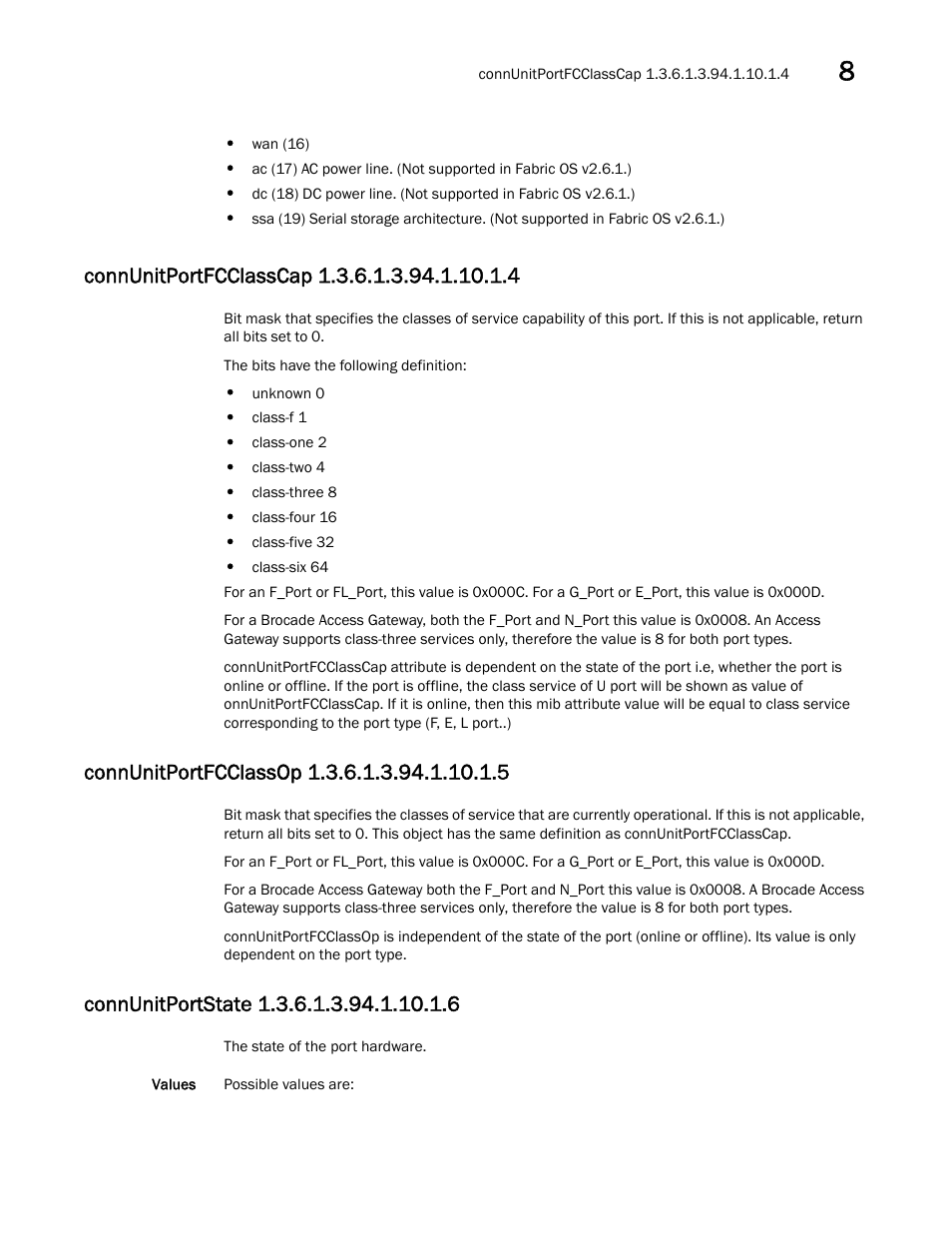 Connunitportfcclasscap 1.3.6.1.3.94.1.10.1.4, Connunitportfcclassop 1.3.6.1.3.94.1.10.1.5, Connunitportstate 1.3.6.1.3.94.1.10.1.6 | Dell POWEREDGE M1000E User Manual | Page 267 / 382