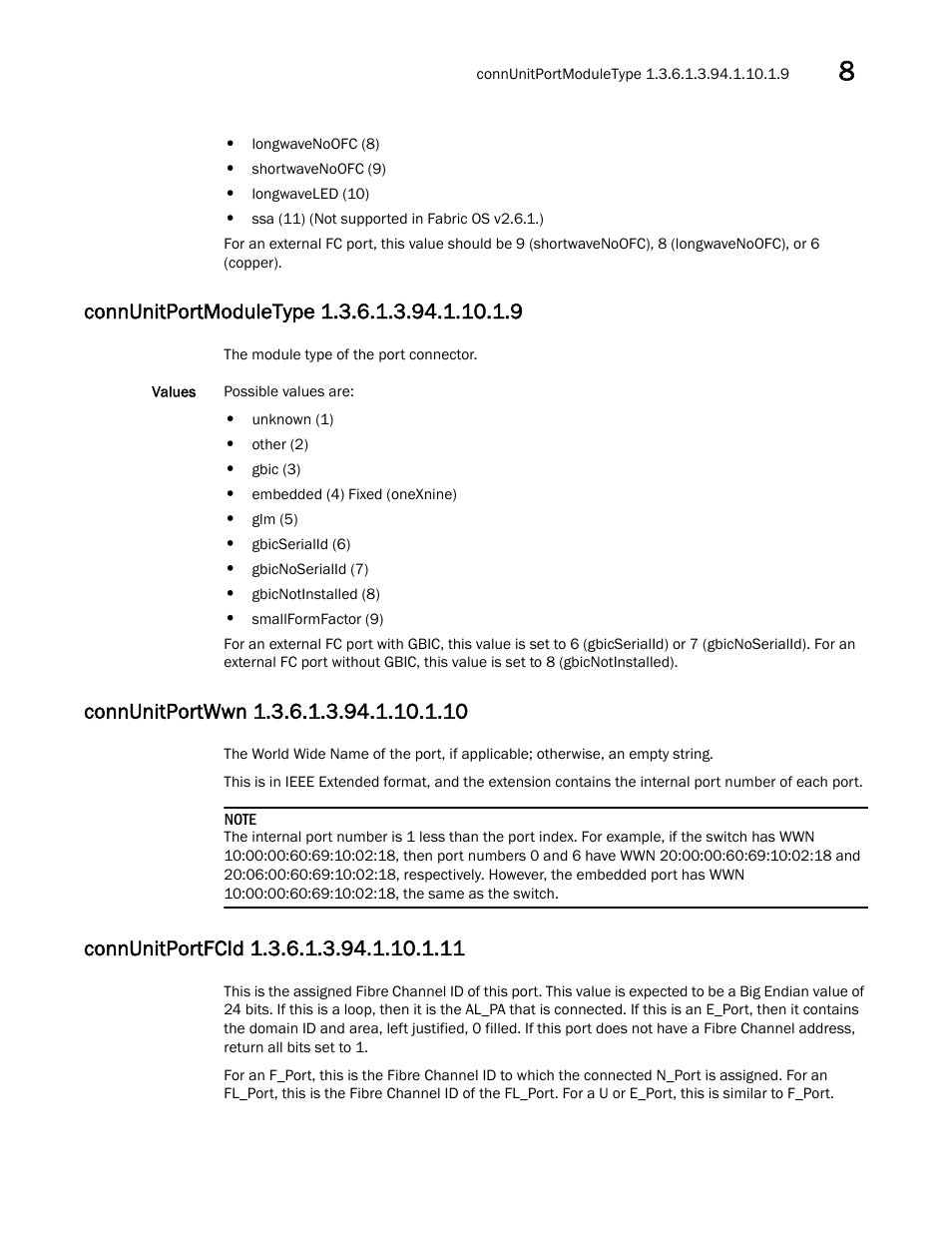 Connunitportmoduletype 1.3.6.1.3.94.1.10.1.9, Connunitportwwn 1.3.6.1.3.94.1.10.1.10, Connunitportfcid 1.3.6.1.3.94.1.10.1.11 | Dell POWEREDGE M1000E User Manual | Page 269 / 382