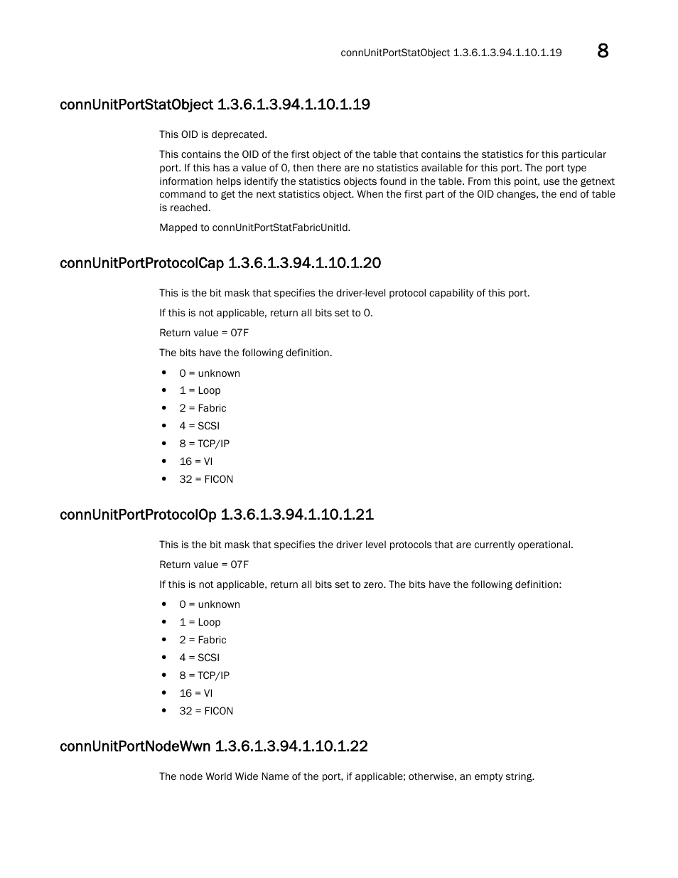 Connunitportstatobject 1.3.6.1.3.94.1.10.1.19, Connunitportprotocolcap 1.3.6.1.3.94.1.10.1.20, Connunitportprotocolop 1.3.6.1.3.94.1.10.1.21 | Connunitportnodewwn 1.3.6.1.3.94.1.10.1.22 | Dell POWEREDGE M1000E User Manual | Page 273 / 382