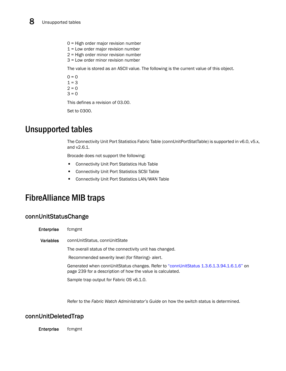 Unsupported tables, Fibrealliance mib traps, Connunitstatuschange | Connunitdeletedtrap | Dell POWEREDGE M1000E User Manual | Page 294 / 382