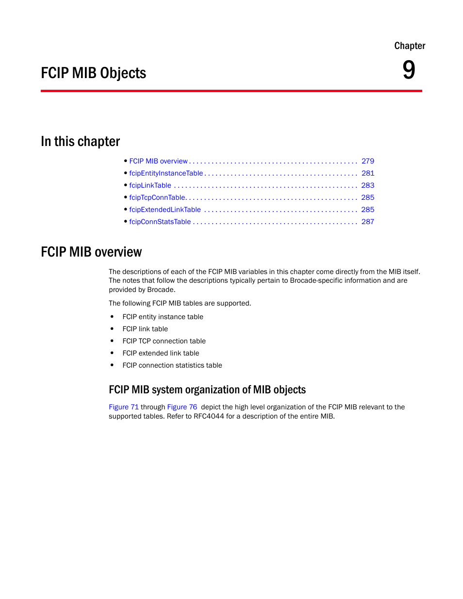 Fcip mib objects, In this chapter, Fcip mib overview | Fcip mib system organization of mib objects, Chapter 9, Chapter 9, “fcip mib objects | Dell POWEREDGE M1000E User Manual | Page 297 / 382