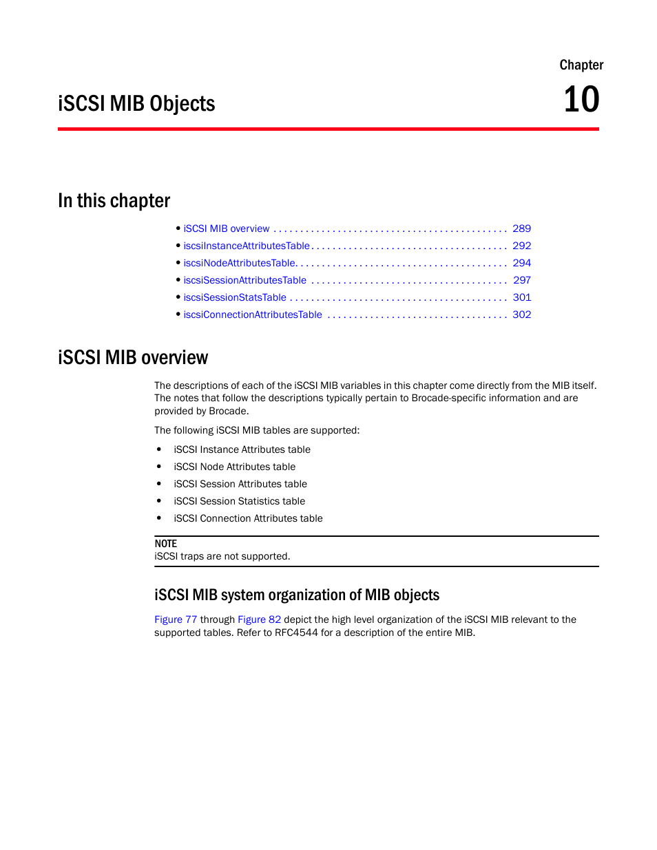 Iscsi mib objects, In this chapter, Iscsi mib overview | Iscsi mib system organization of mib objects, Chapter 10, Chapter 10, “iscsi mib objects | Dell POWEREDGE M1000E User Manual | Page 307 / 382