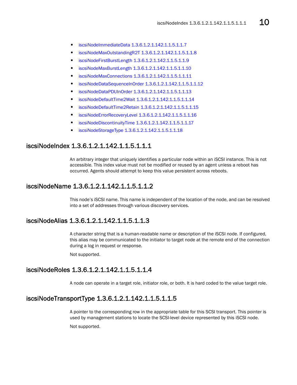 Iscsinodeindex 1.3.6.1.2.1.142.1.1.5.1.1.1, Iscsinodename 1.3.6.1.2.1.142.1.1.5.1.1.2, Iscsinodealias 1.3.6.1.2.1.142.1.1.5.1.1.3 | Iscsinoderoles 1.3.6.1.2.1.142.1.1.5.1.1.4, Iscsinodetransporttype 1.3.6.1.2.1.142.1.1.5.1.1.5 | Dell POWEREDGE M1000E User Manual | Page 313 / 382