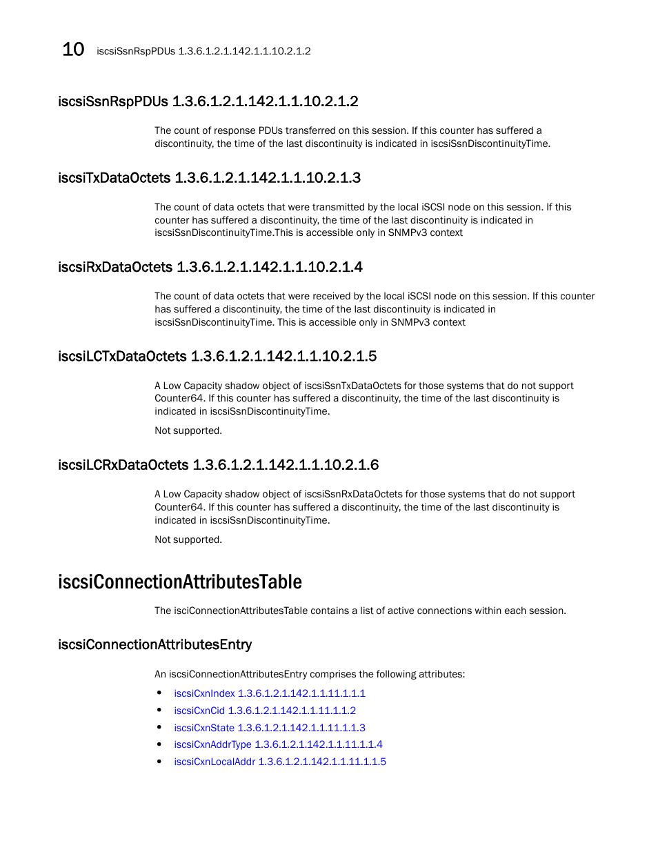 Iscsiconnectionattributestable, Iscsissnrsppdus 1.3.6.1.2.1.142.1.1.10.2.1.2, Iscsitxdataoctets 1.3.6.1.2.1.142.1.1.10.2.1.3 | Iscsirxdataoctets 1.3.6.1.2.1.142.1.1.10.2.1.4, Iscsilctxdataoctets 1.3.6.1.2.1.142.1.1.10.2.1.5, Iscsilcrxdataoctets 1.3.6.1.2.1.142.1.1.10.2.1.6, Iscsiconnectionattributesentry | Dell POWEREDGE M1000E User Manual | Page 320 / 382