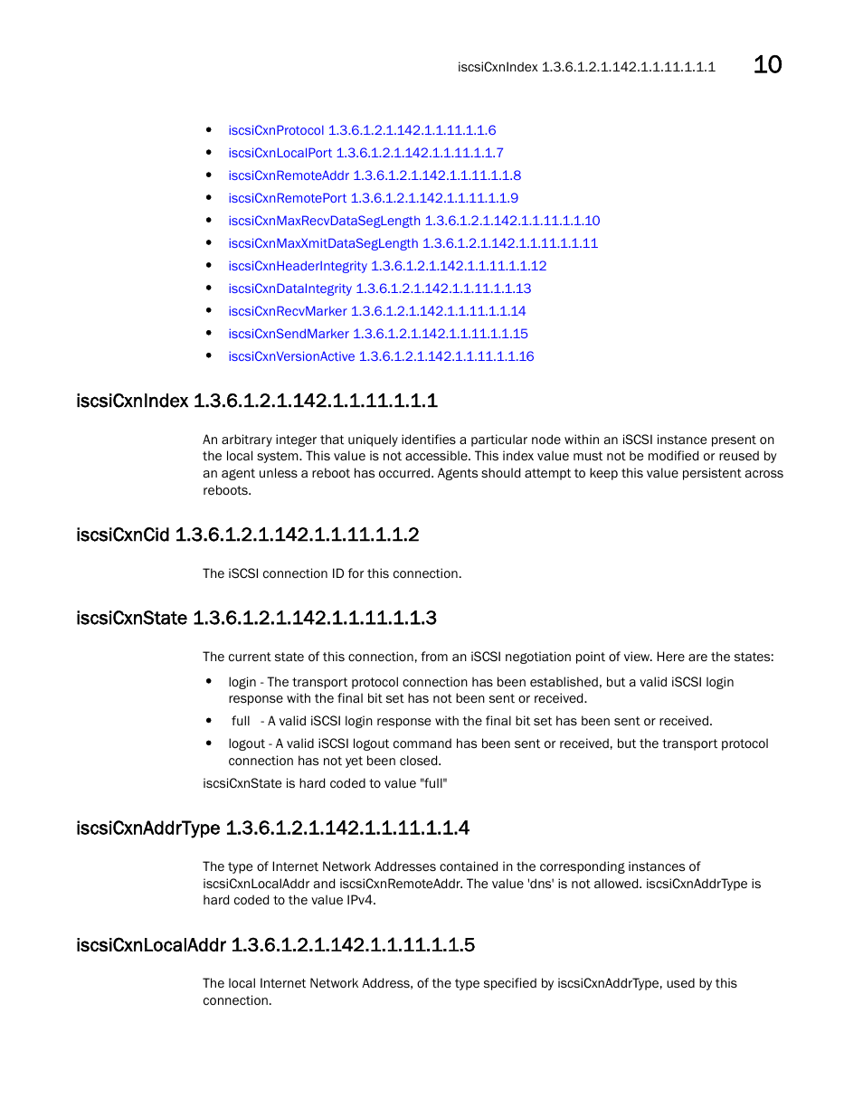 Iscsicxnindex 1.3.6.1.2.1.142.1.1.11.1.1.1, Iscsicxncid 1.3.6.1.2.1.142.1.1.11.1.1.2, Iscsicxnstate 1.3.6.1.2.1.142.1.1.11.1.1.3 | Iscsicxnaddrtype 1.3.6.1.2.1.142.1.1.11.1.1.4, Iscsicxnlocaladdr 1.3.6.1.2.1.142.1.1.11.1.1.5 | Dell POWEREDGE M1000E User Manual | Page 321 / 382