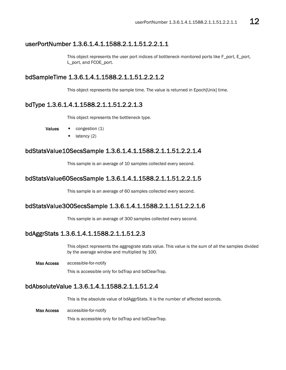 Userportnumber 1.3.6.1.4.1.1588.2.1.1.51.2.2.1.1, Bdaggrstats 1.3.6.1.4.1.1588.2.1.1.51.2.3, Bdabsolutevalue 1.3.6.1.4.1.1588.2.1.1.51.2.4 | Bdsampletime 1.3.6.1.4.1.1588.2.1.1.51.2.2.1.2, Bdtype 1.3.6.1.4.1.1588.2.1.1.51.2.2.1.3 | Dell POWEREDGE M1000E User Manual | Page 335 / 382